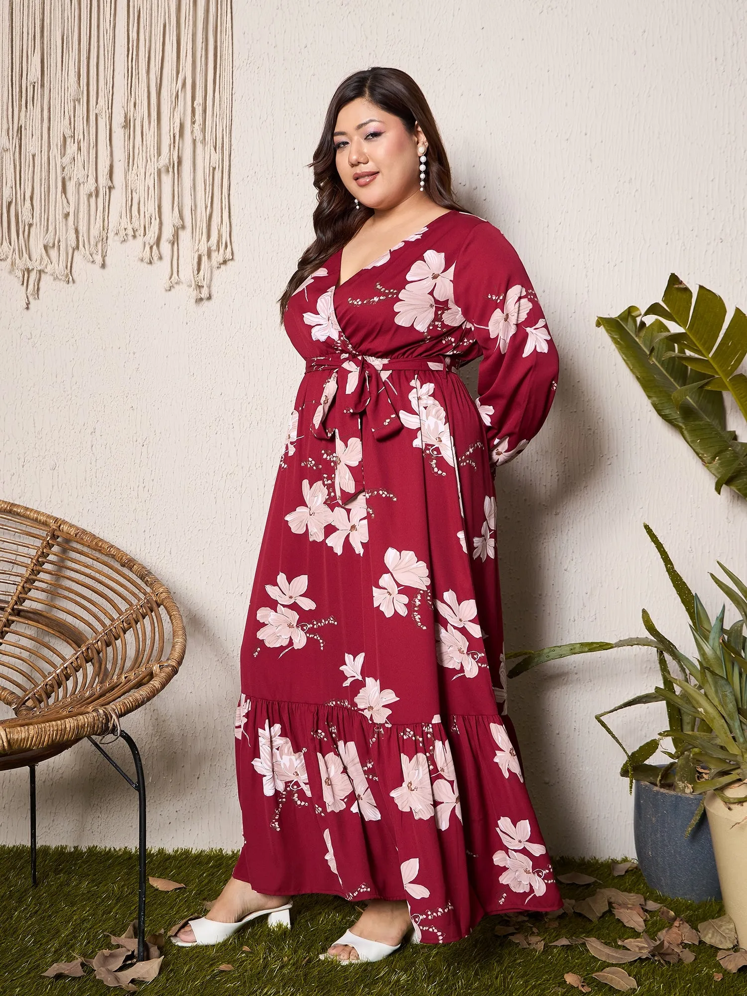 Berrylush Curve Women Maroon & Pink Floral Printed V-Neck Bishop Sleeves Waist Tie-Up Wrap Pleated Maxi Dress