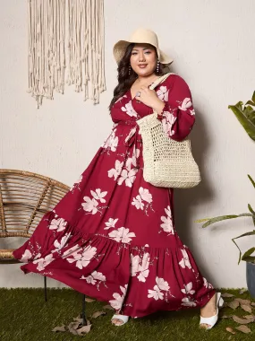 Berrylush Curve Women Maroon & Pink Floral Printed V-Neck Bishop Sleeves Waist Tie-Up Wrap Pleated Maxi Dress