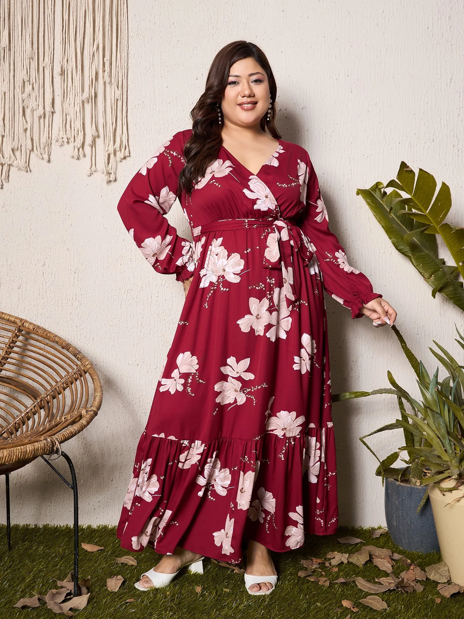 Berrylush Curve Women Maroon & Pink Floral Printed V-Neck Bishop Sleeves Waist Tie-Up Wrap Pleated Maxi Dress