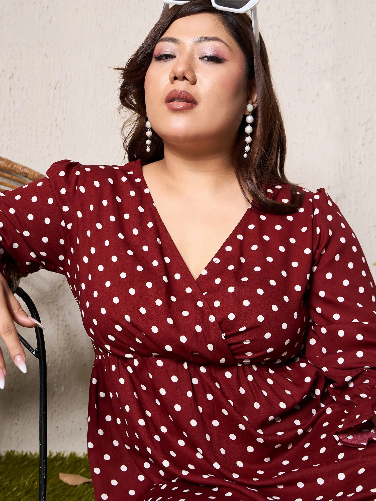 Berrylush Curve Women Red & White Polka Dot Printed V-Neck Bishop Sleeves Wrap Ruffled Maxi Dress