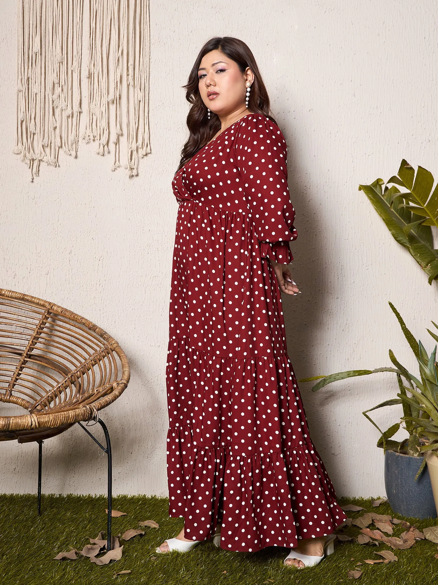 Berrylush Curve Women Red & White Polka Dot Printed V-Neck Bishop Sleeves Wrap Ruffled Maxi Dress