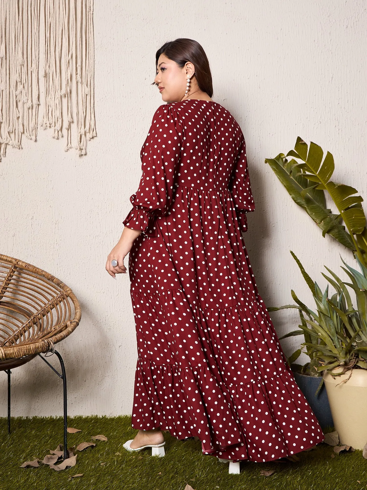 Berrylush Curve Women Red & White Polka Dot Printed V-Neck Bishop Sleeves Wrap Ruffled Maxi Dress