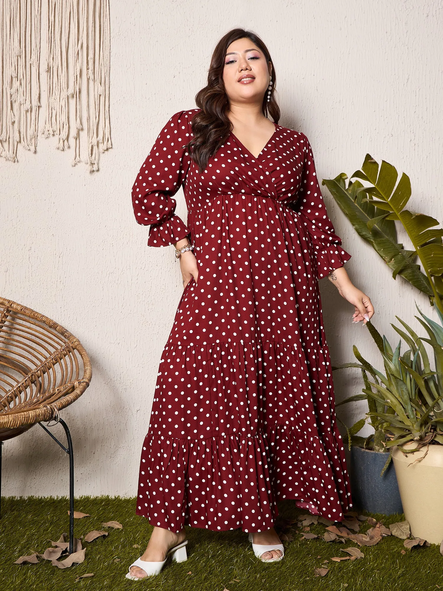 Berrylush Curve Women Red & White Polka Dot Printed V-Neck Bishop Sleeves Wrap Ruffled Maxi Dress