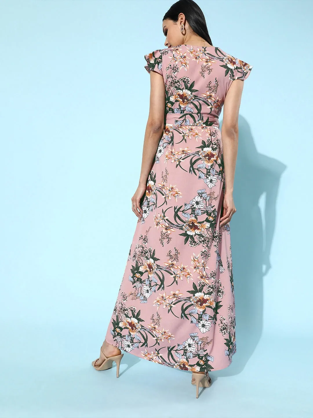 Berrylush Women Pink Floral Printed V-Neck Wrap Style Maxi Dress