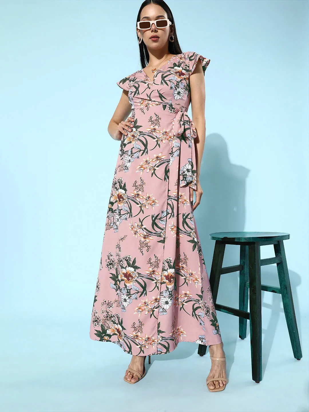 Berrylush Women Pink Floral Printed V-Neck Wrap Style Maxi Dress