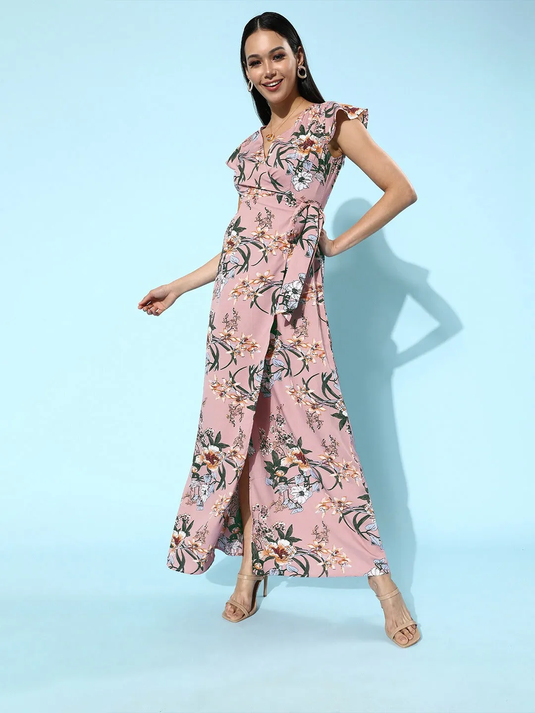 Berrylush Women Pink Floral Printed V-Neck Wrap Style Maxi Dress