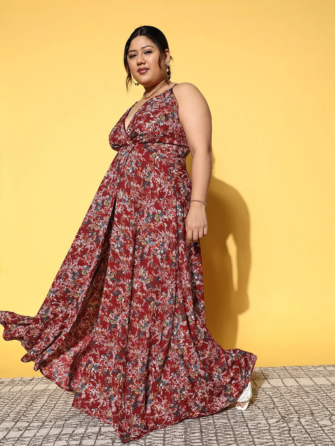 Berrylush Women Plus Size Maroon & White Floral Printed V-Neck Crepe Thigh-High Slit Flared Maxi Dress