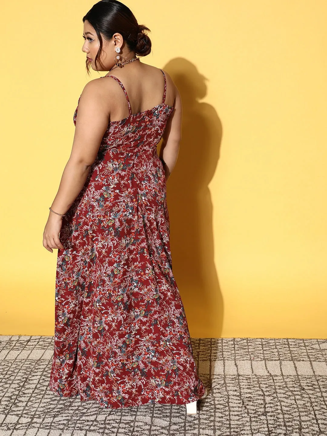 Berrylush Women Plus Size Maroon & White Floral Printed V-Neck Crepe Thigh-High Slit Flared Maxi Dress