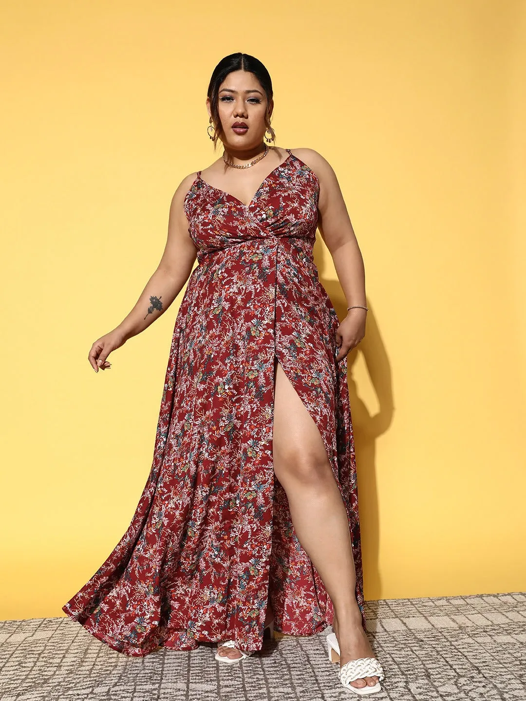 Berrylush Women Plus Size Maroon & White Floral Printed V-Neck Crepe Thigh-High Slit Flared Maxi Dress