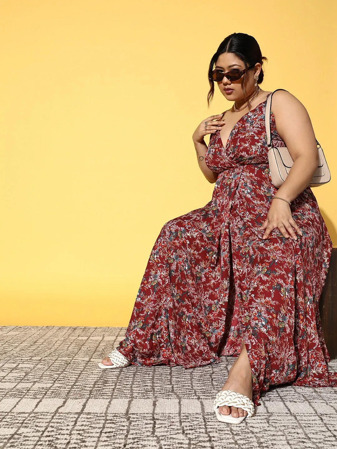 Berrylush Women Plus Size Maroon & White Floral Printed V-Neck Crepe Thigh-High Slit Flared Maxi Dress