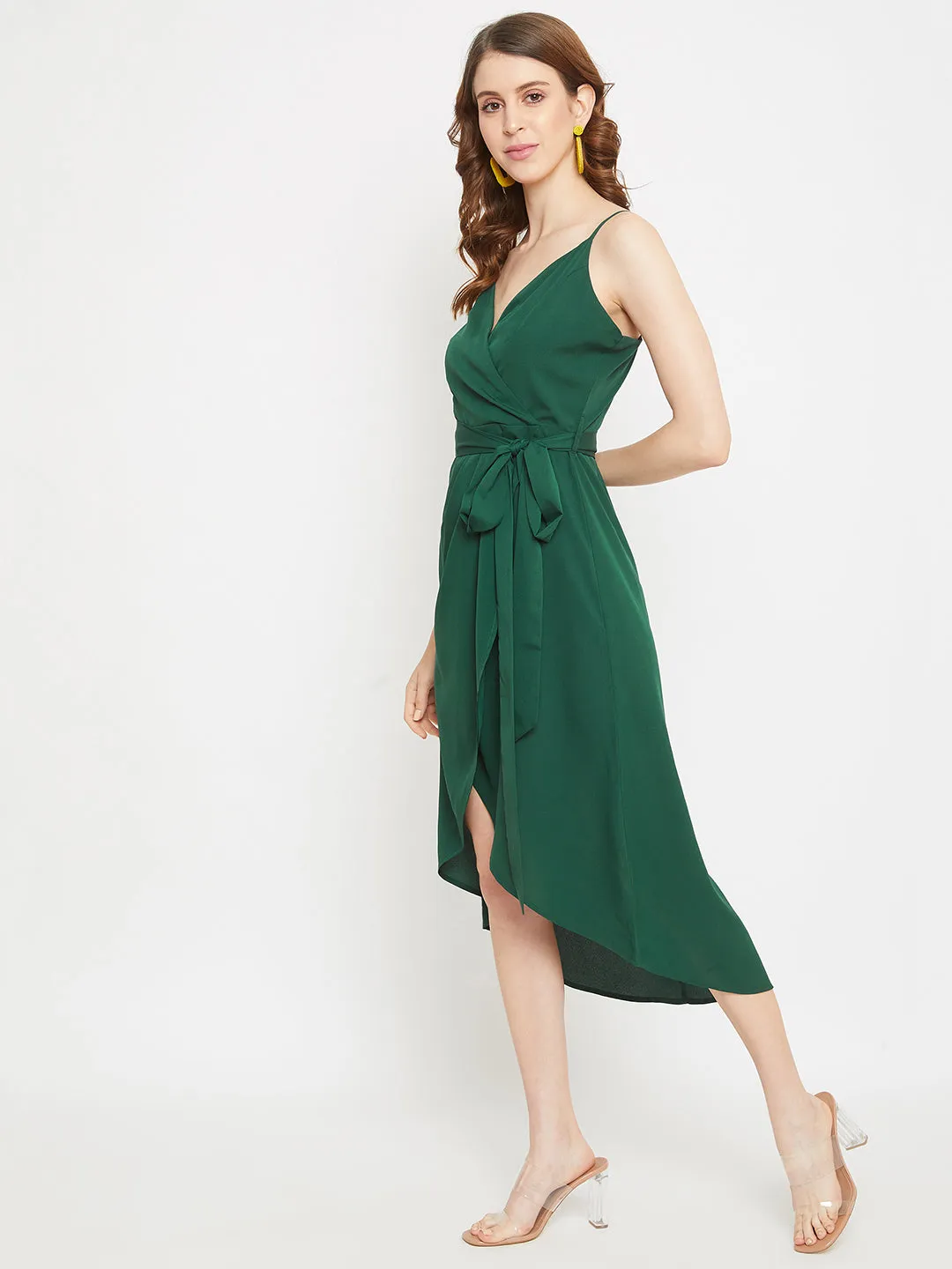 Berrylush Women Solid Green V-Neck Crepe Waist Tie-Up Tulip Hem Wrap Midi Dress