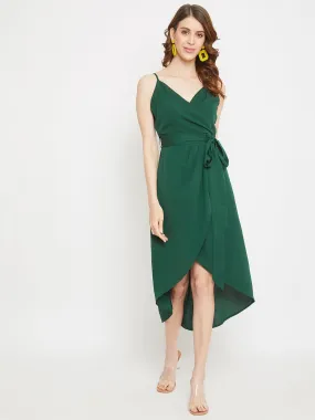 Berrylush Women Solid Green V-Neck Crepe Waist Tie-Up Tulip Hem Wrap Midi Dress