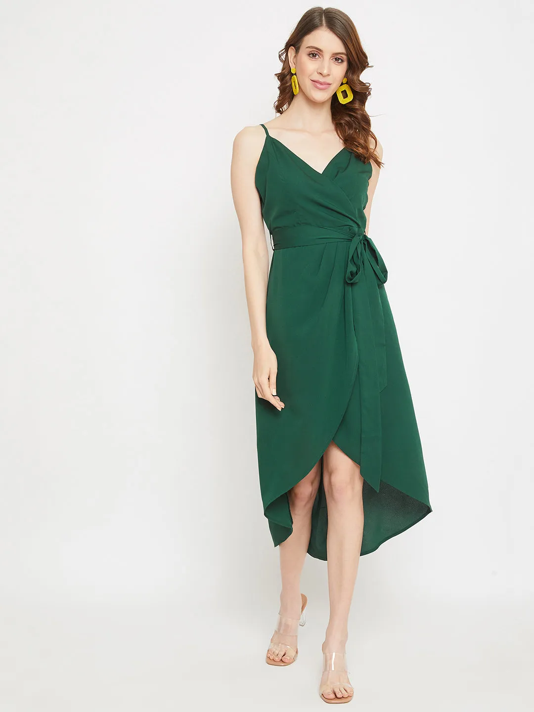 Berrylush Women Solid Green V-Neck Crepe Waist Tie-Up Tulip Hem Wrap Midi Dress