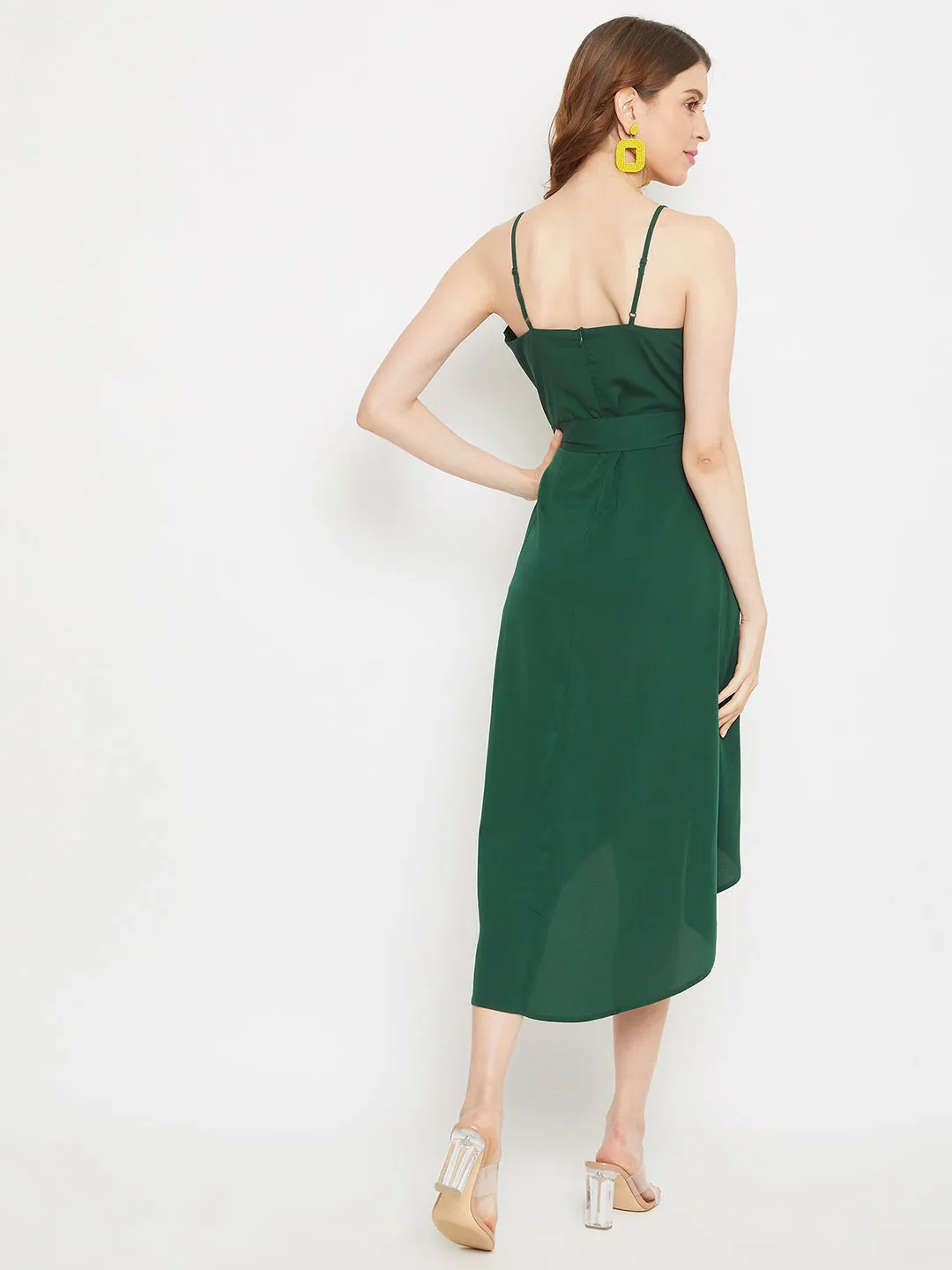 Berrylush Women Solid Green V-Neck Crepe Waist Tie-Up Tulip Hem Wrap Midi Dress