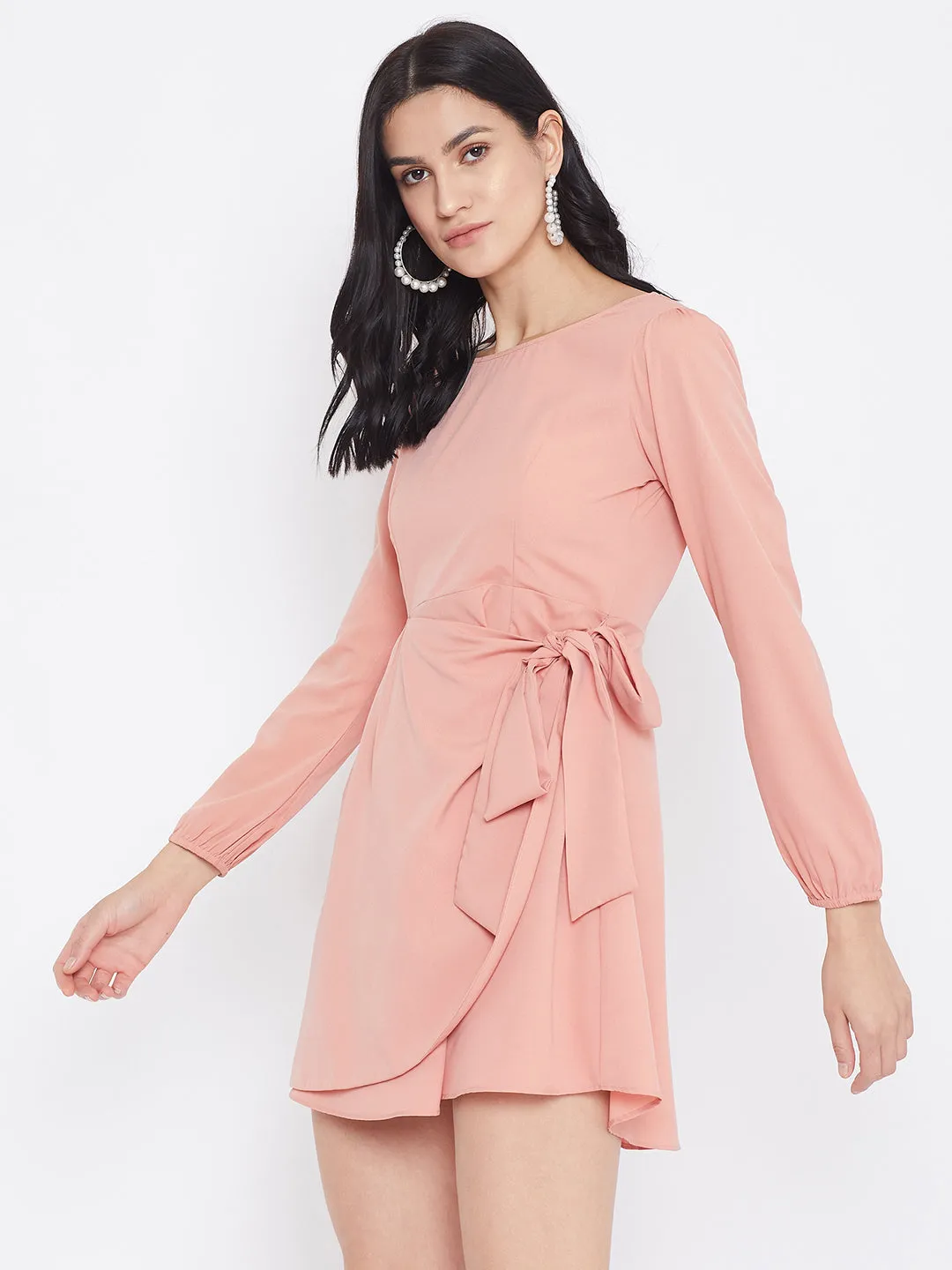 Berrylush Women Solid Pink Tie Front Layered Skater Dress