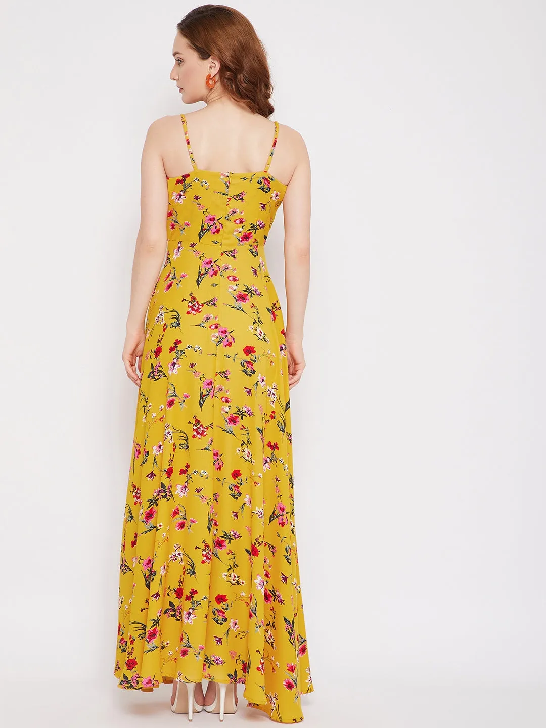 Berrylush Women Yellow & Red Floral Printed V-Neck Thigh-High Slit Flared Maxi Dress