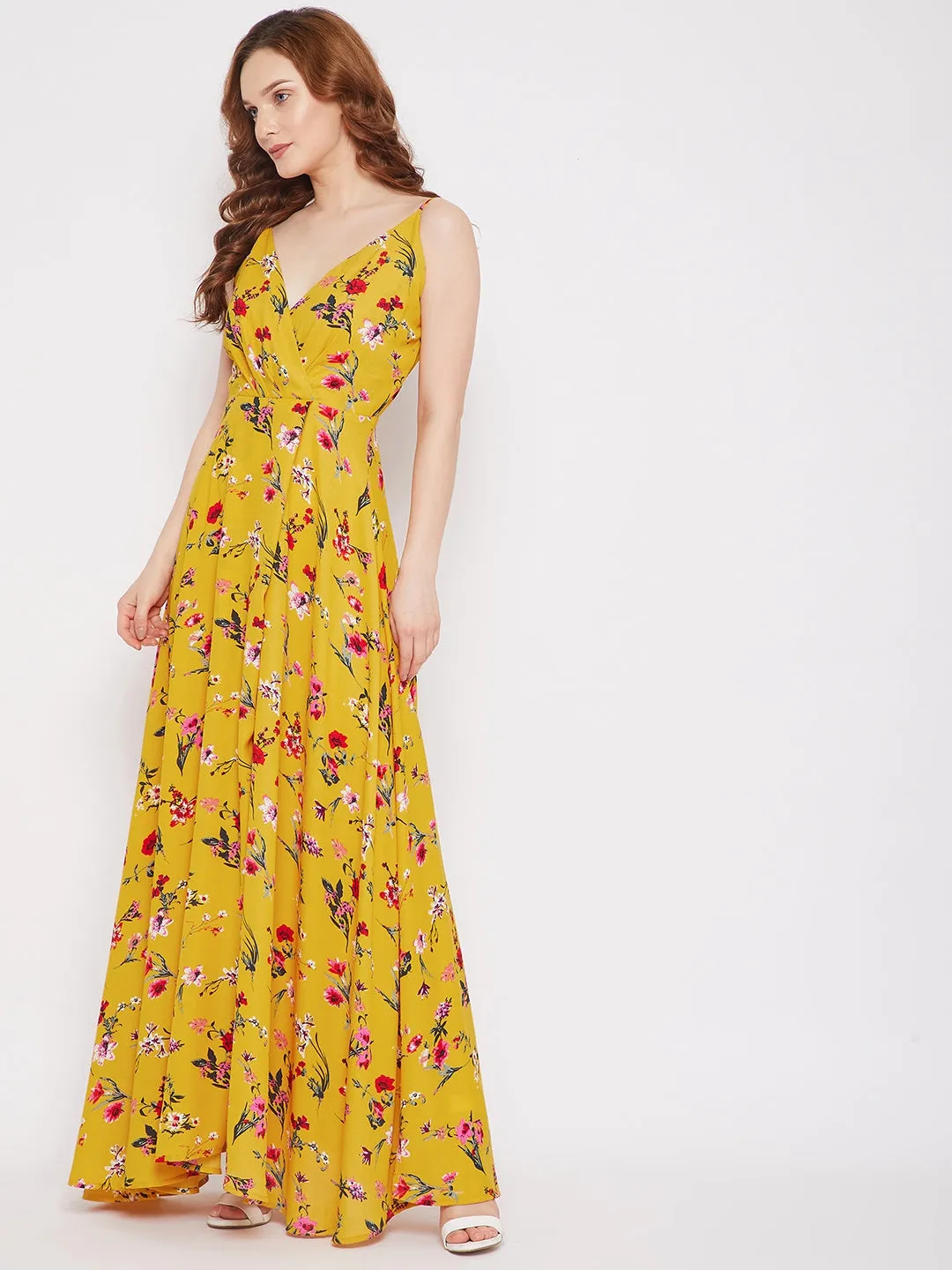 Berrylush Women Yellow & Red Floral Printed V-Neck Thigh-High Slit Flared Maxi Dress