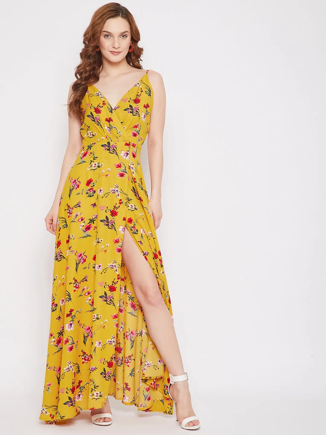 Berrylush Women Yellow & Red Floral Printed V-Neck Thigh-High Slit Flared Maxi Dress