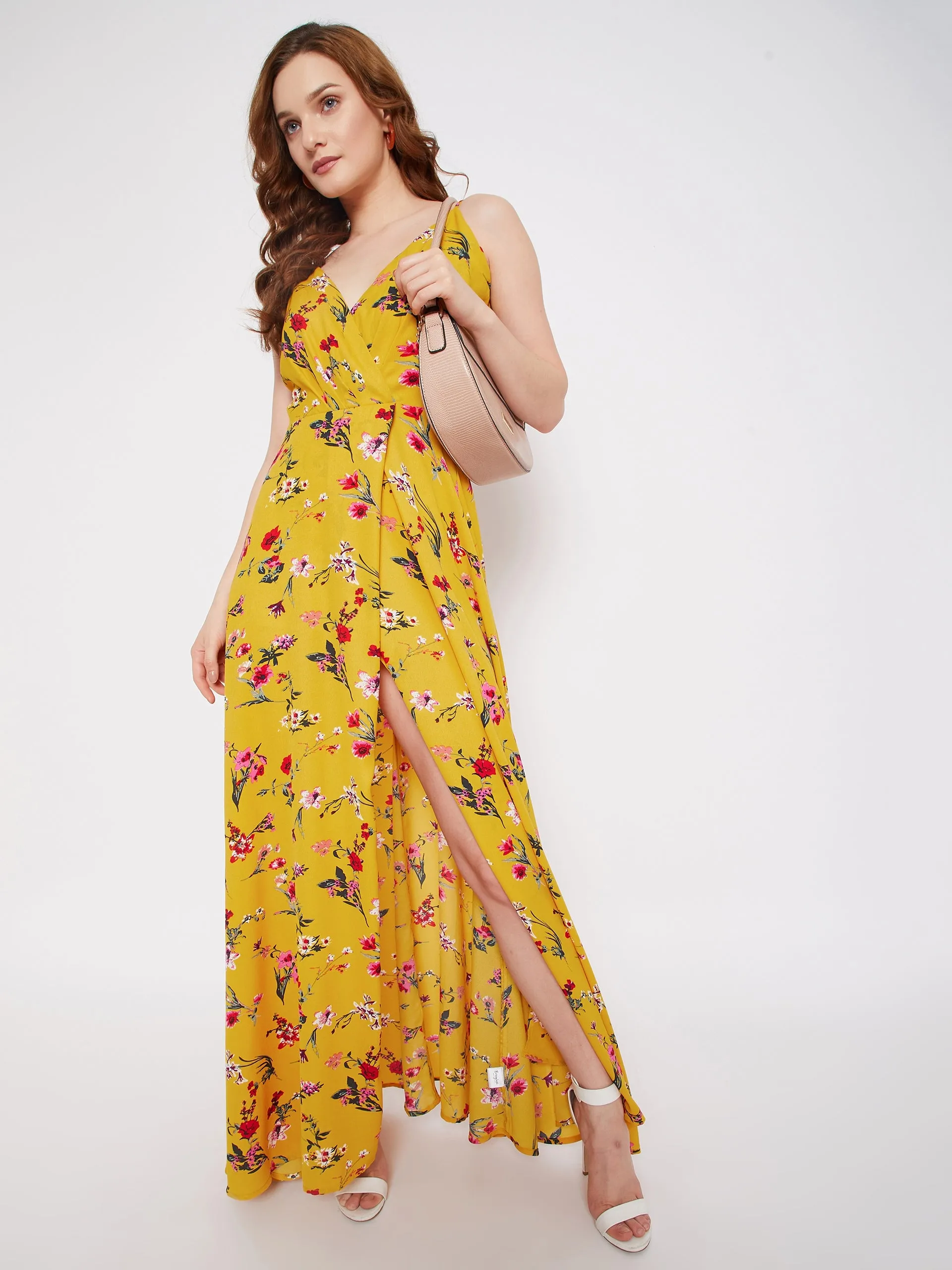 Berrylush Women Yellow & Red Floral Printed V-Neck Thigh-High Slit Flared Maxi Dress