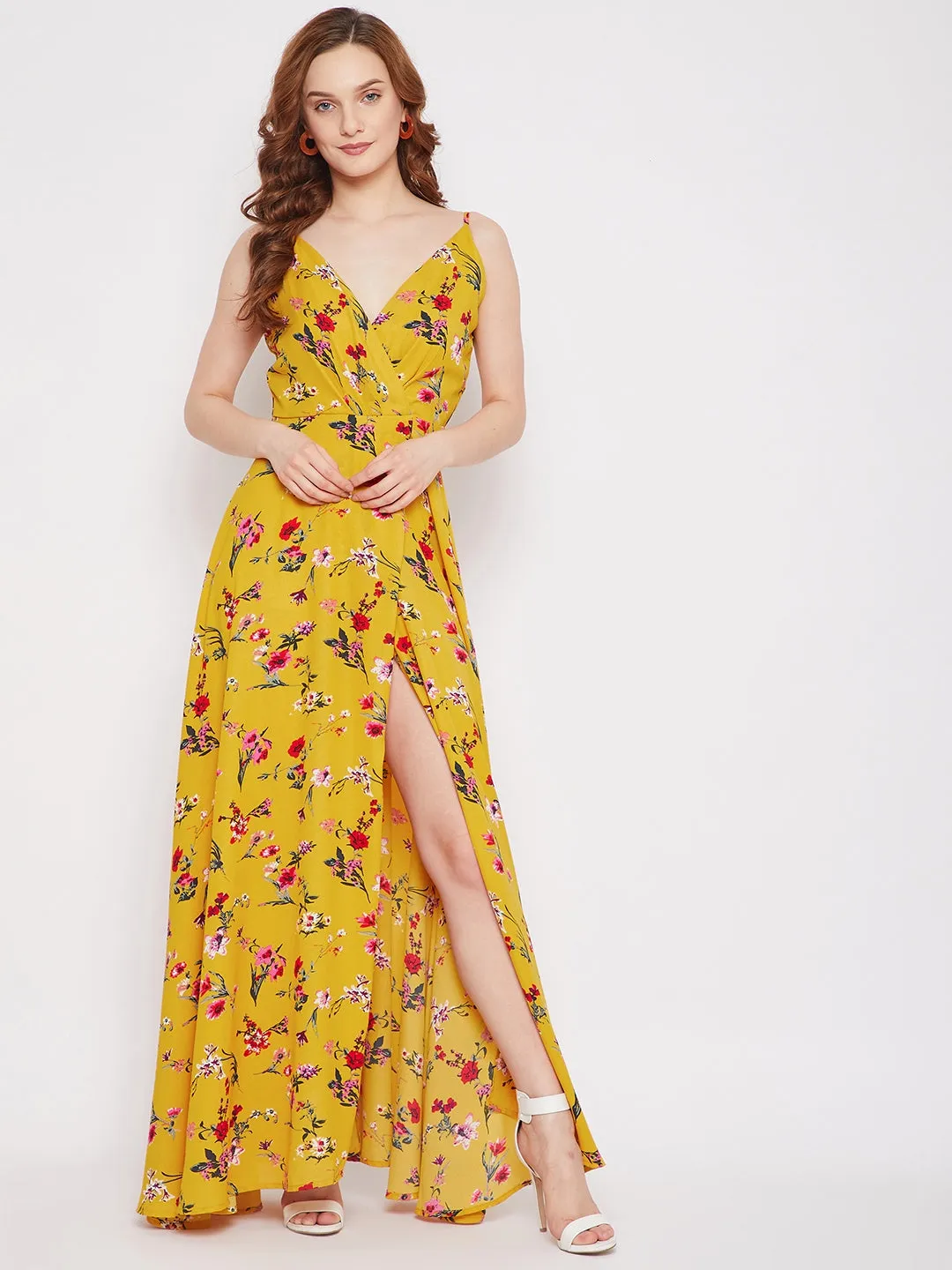 Berrylush Women Yellow & Red Floral Printed V-Neck Thigh-High Slit Flared Maxi Dress