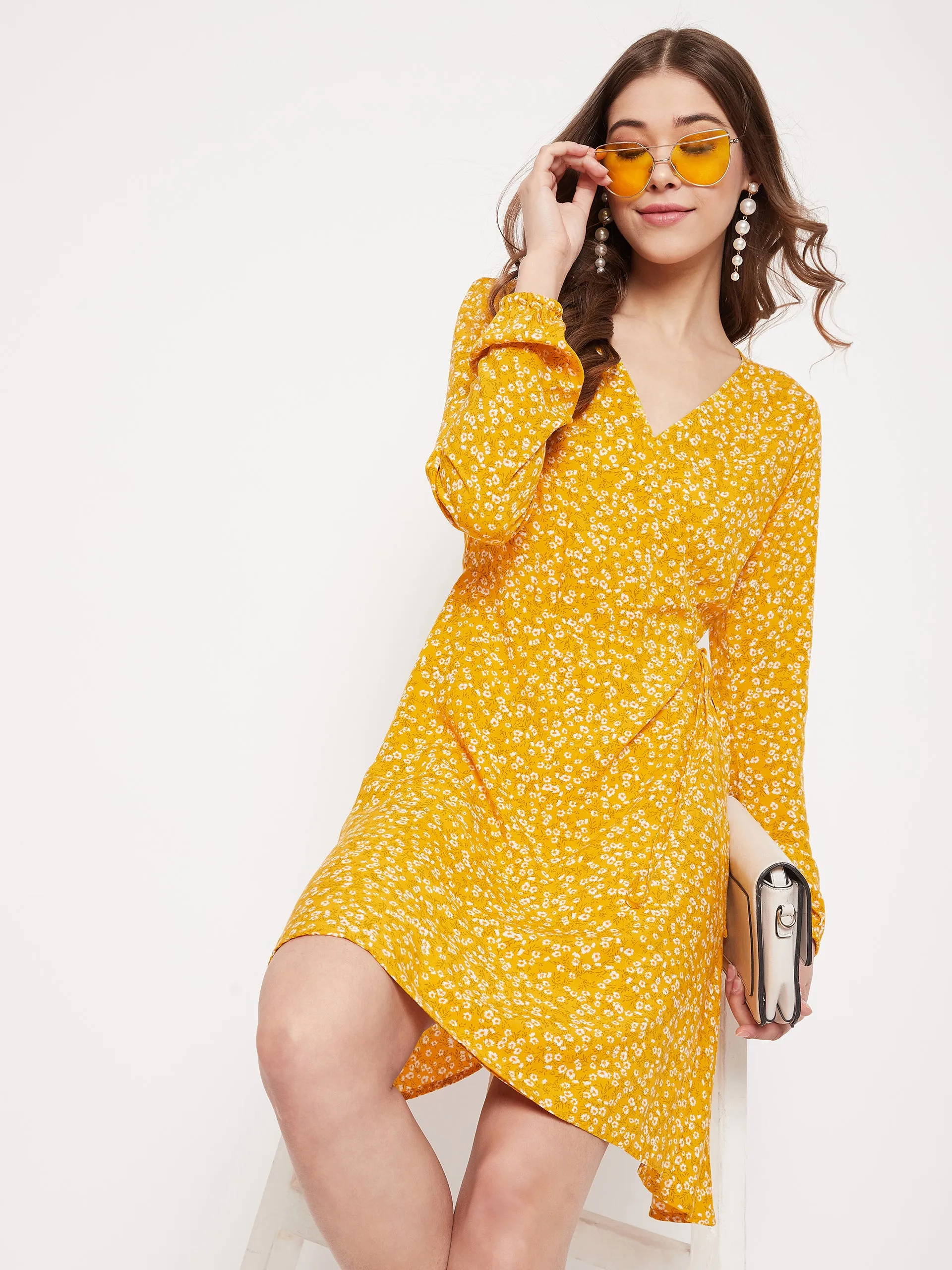 Berrylush Women Yellow & White Floral Printed Wrap Mini Dress