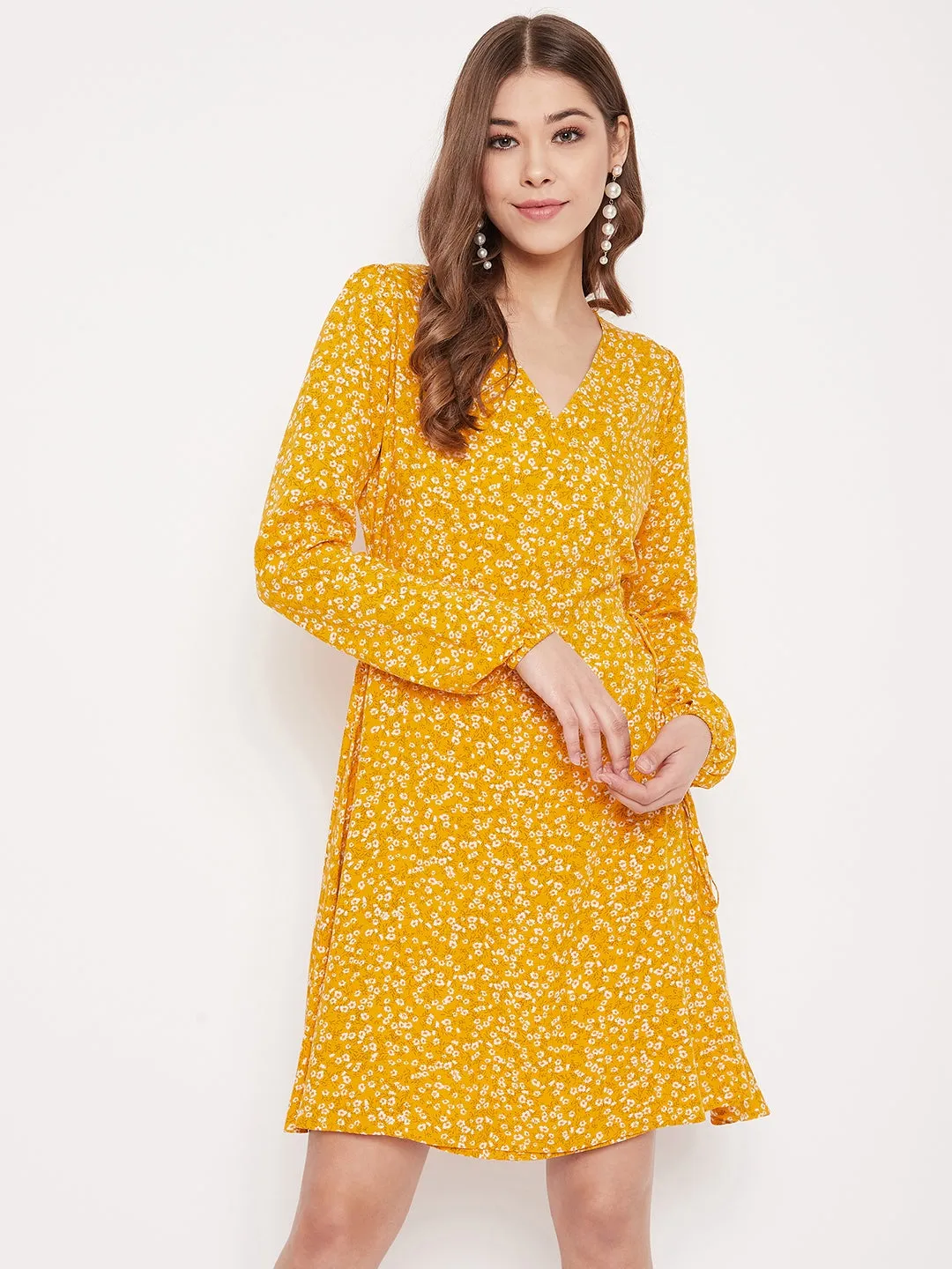 Berrylush Women Yellow & White Floral Printed Wrap Mini Dress