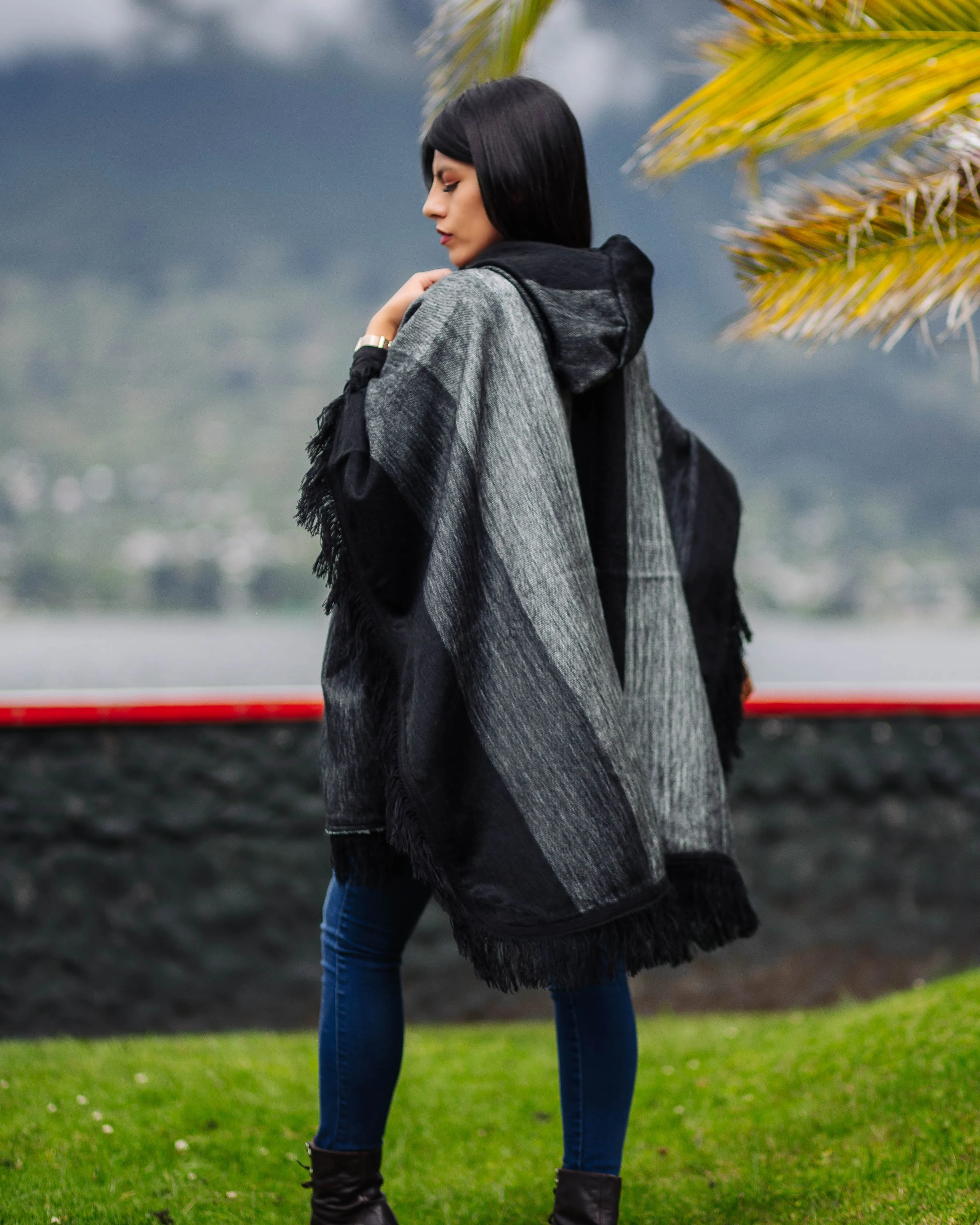 Black Alpaca Poncho With Hood