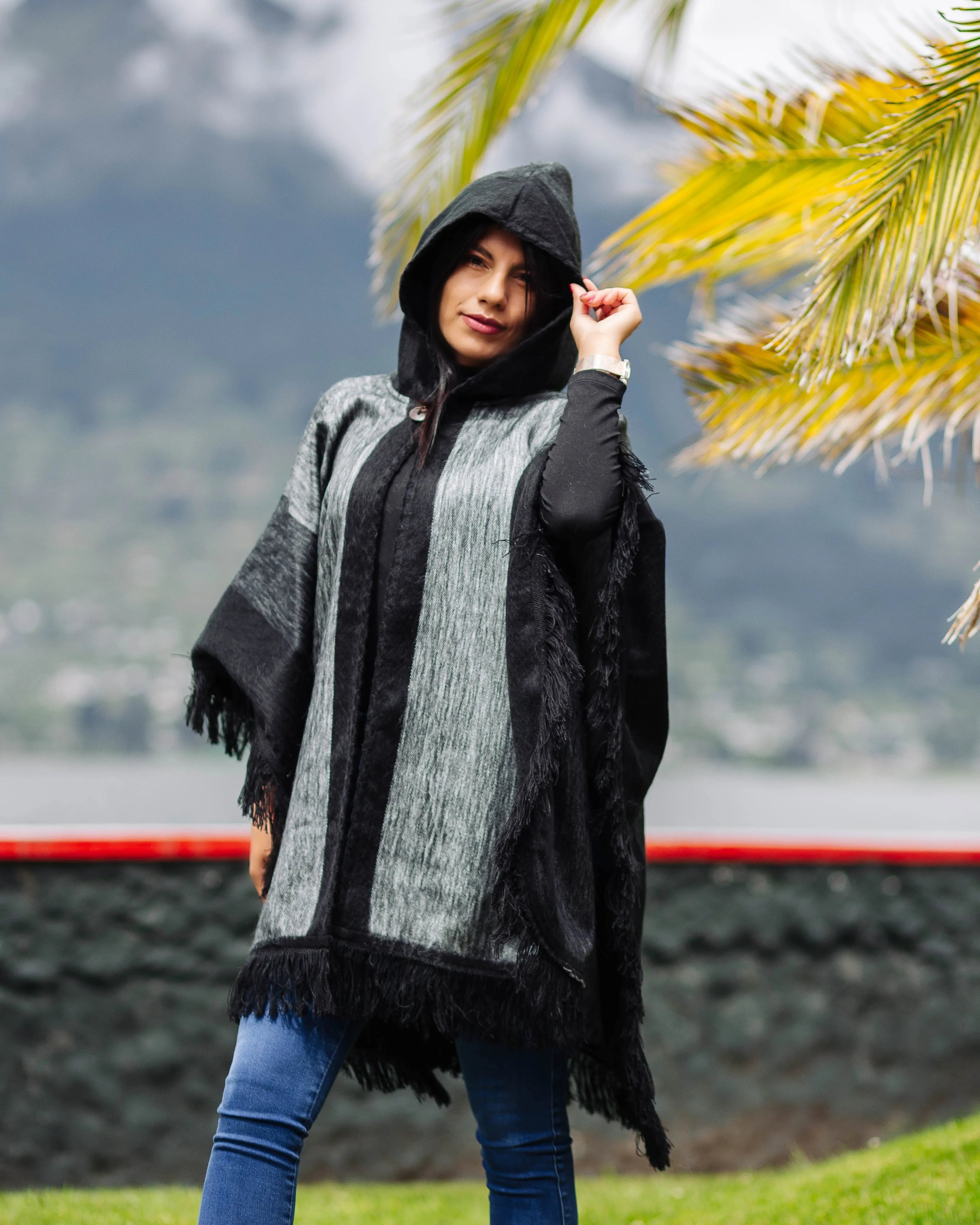 Black Alpaca Poncho With Hood