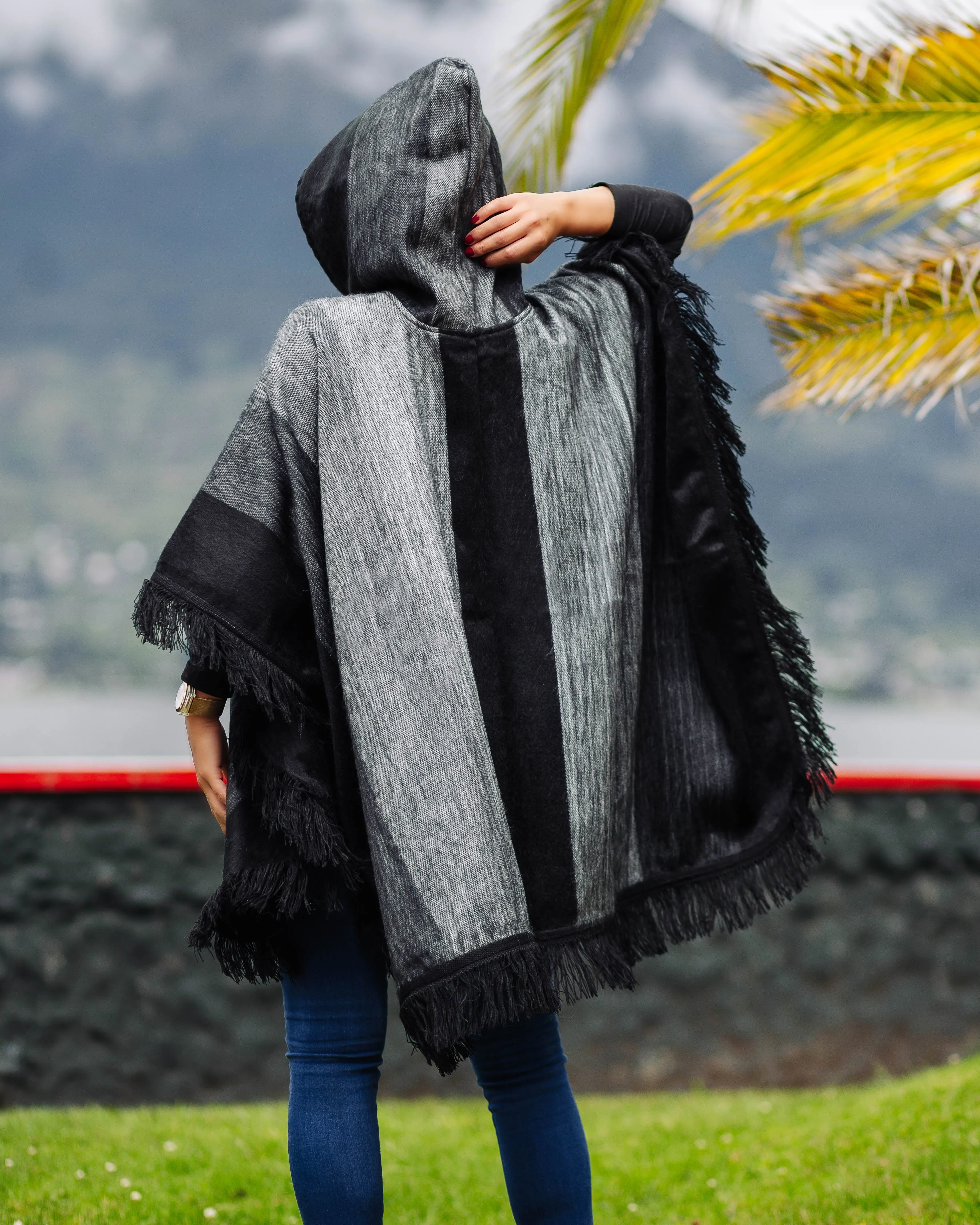 Black Alpaca Poncho With Hood