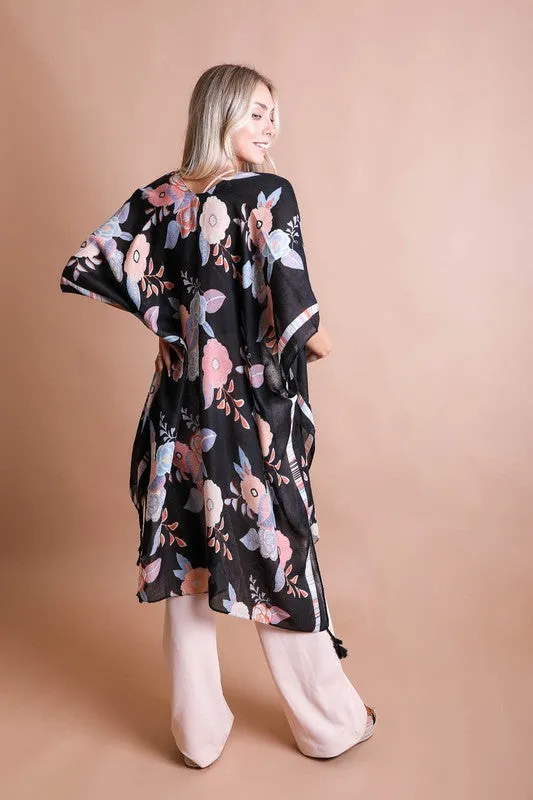 Black Blooms Floral Wallflower Spring Kimono Wrap Coverup Casual Women's Top