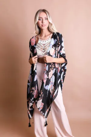 Black Blooms Floral Wallflower Spring Kimono Wrap Coverup Casual Women's Top