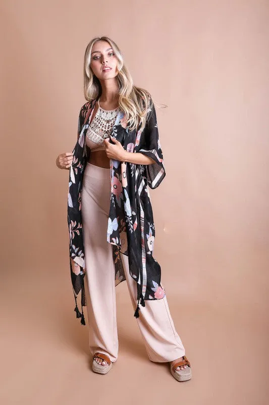 Black Blooms Floral Wallflower Spring Kimono Wrap Coverup Casual Women's Top