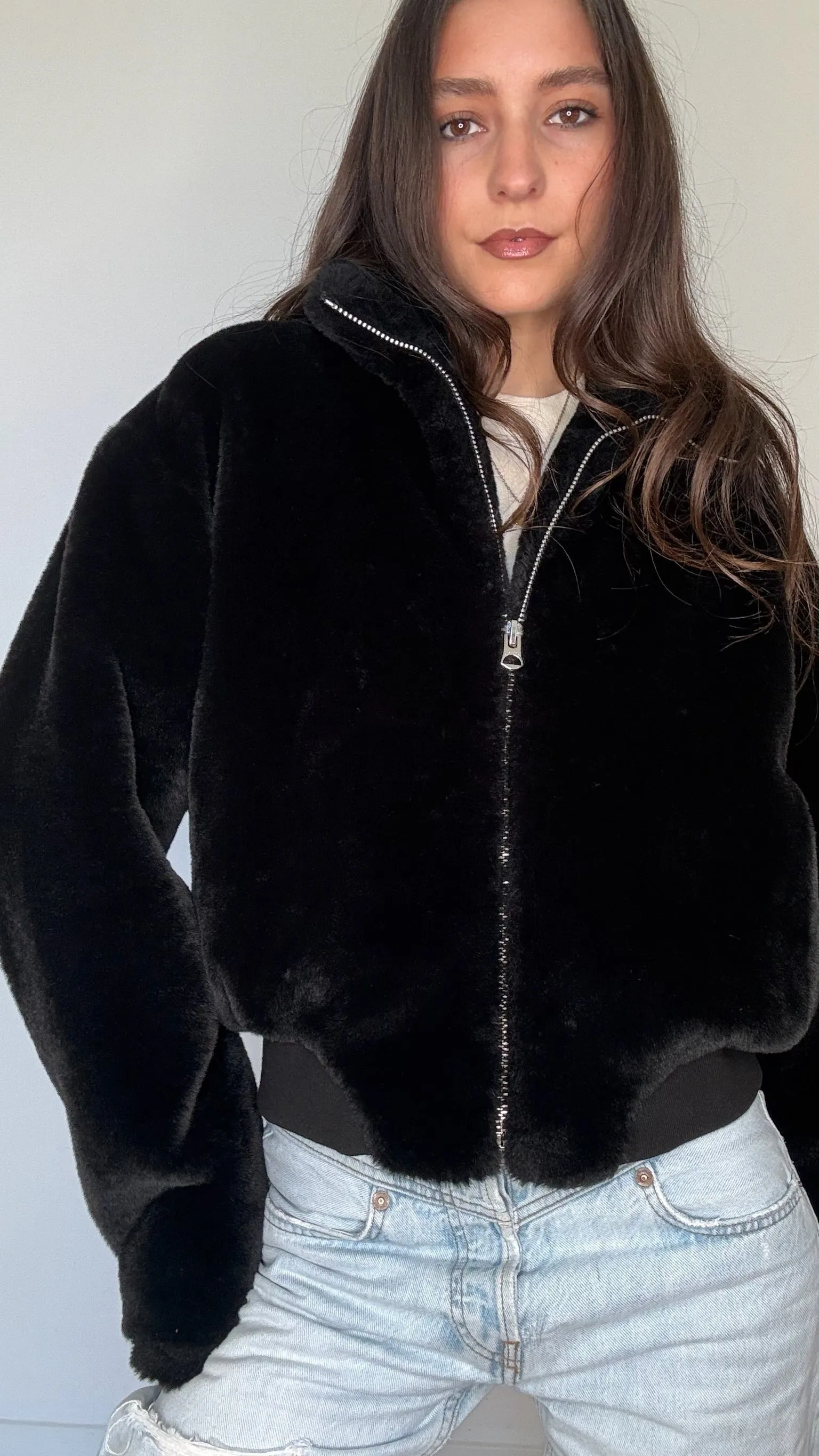 Black Faux-Fur Bomber - S