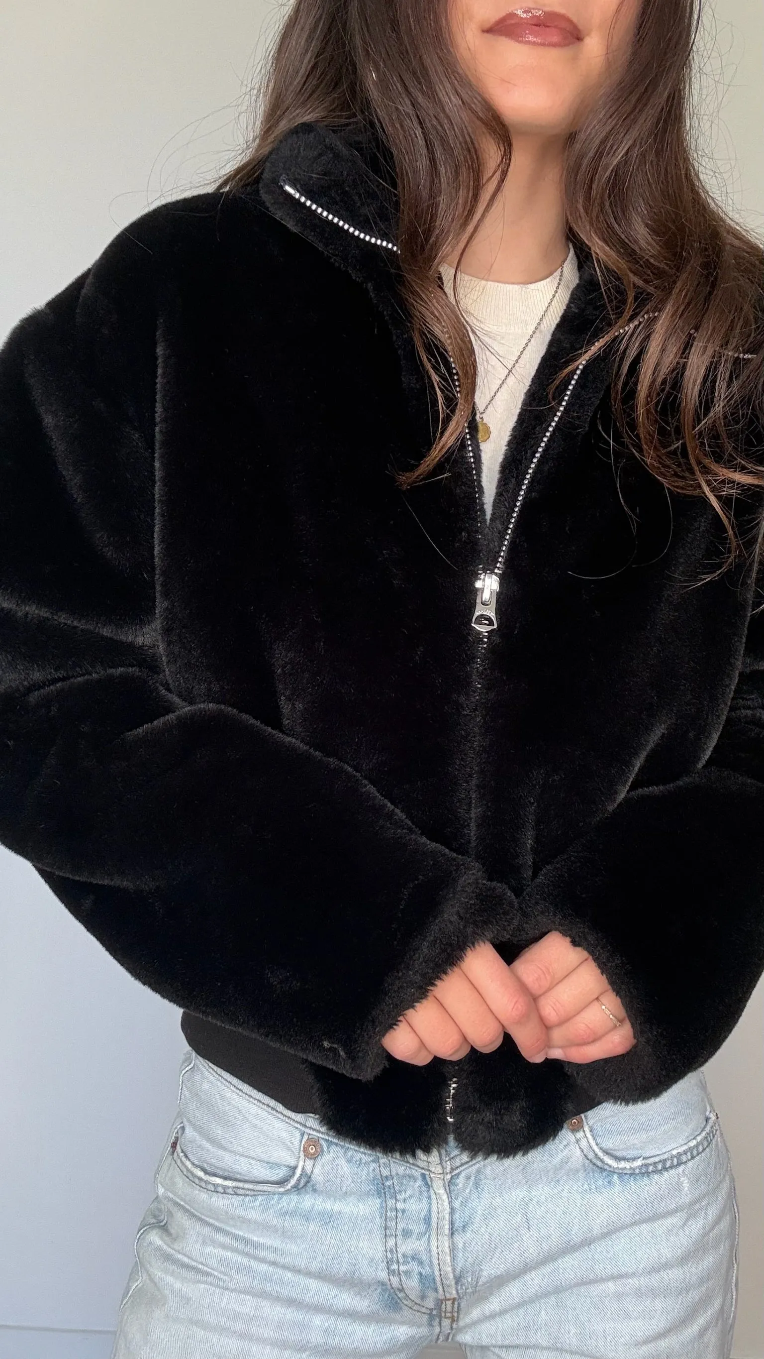 Black Faux-Fur Bomber - S