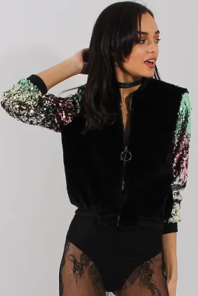 Black Faux Fur Sequined Bomber - Deana