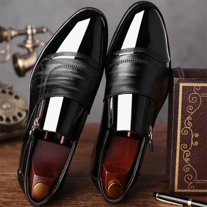 Black Patent PU Leather Shoes Slip on Formal Men Shoes Plus Size Point Toe Wedding Shoes for Male Elegant Business Casual Shoes