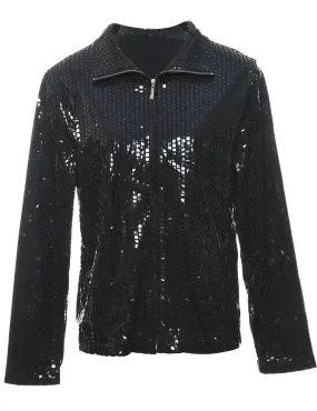 Black Sequined Zip-Front 1990s Evening Jacket - L