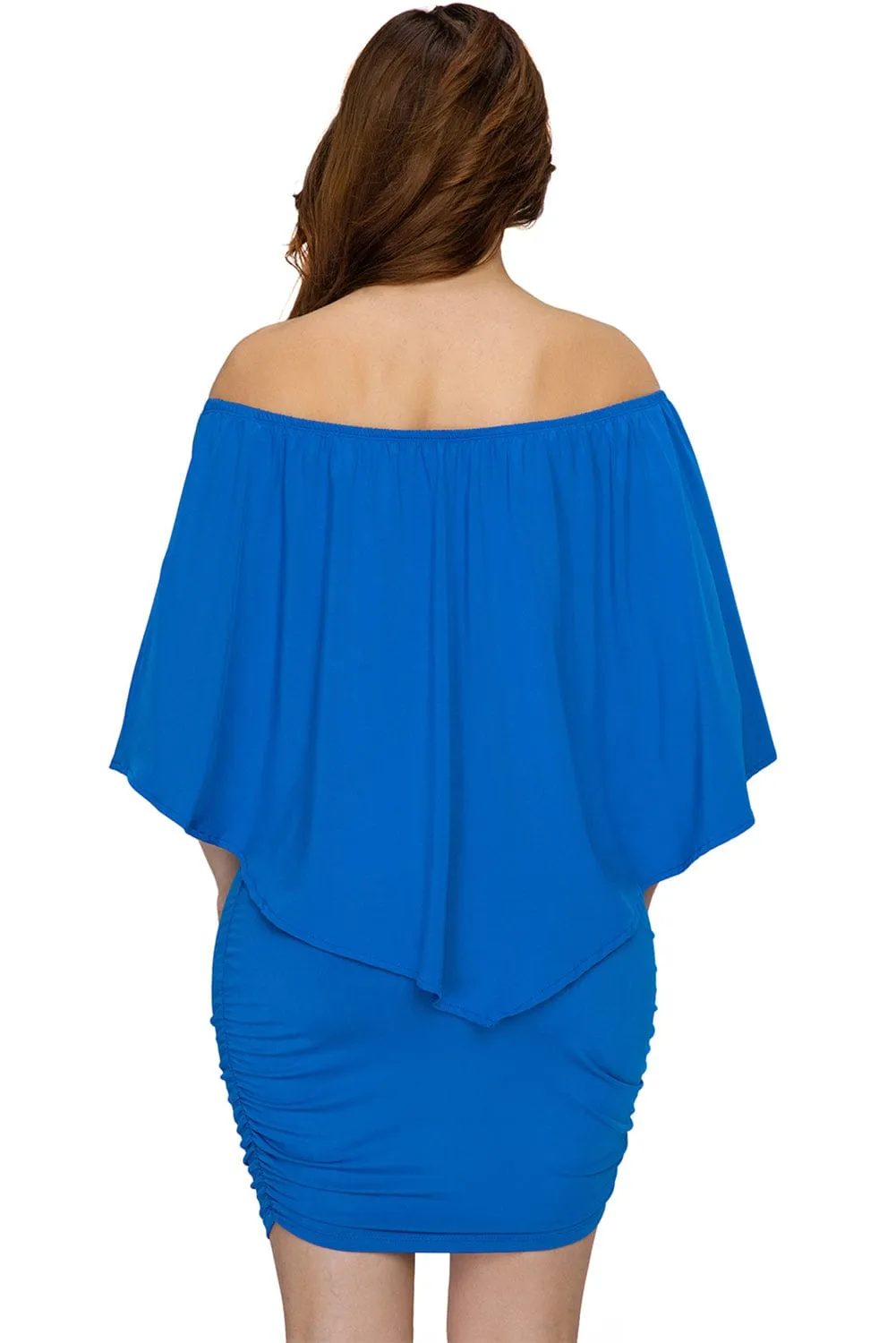 Blue Ruffle Layered Poncho Mini Dress with Versatile Neckline