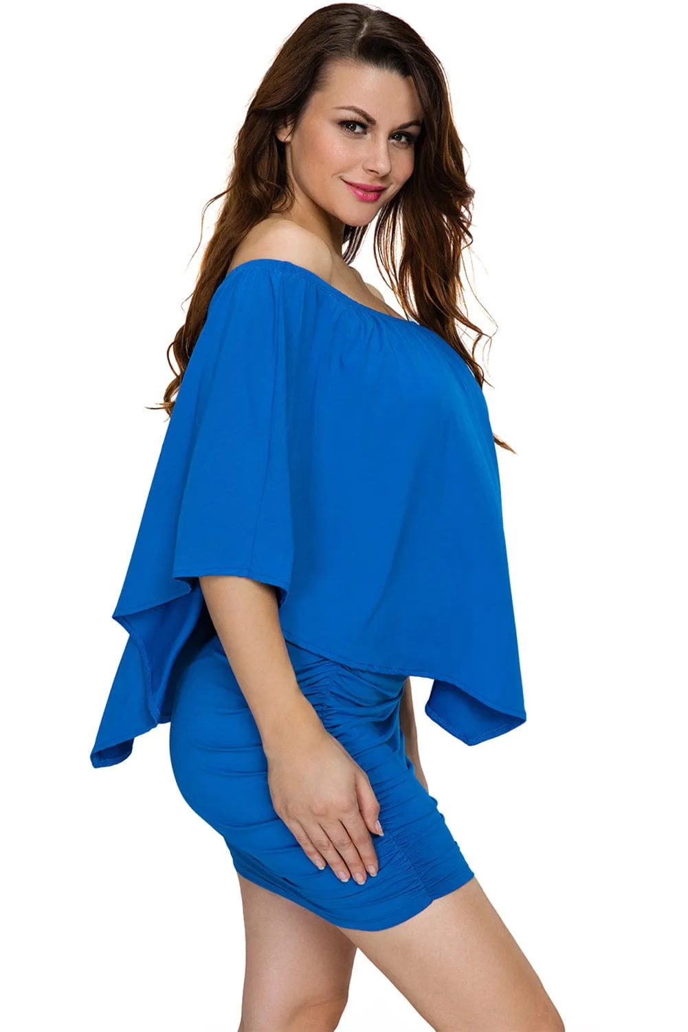 Blue Ruffle Layered Poncho Mini Dress with Versatile Neckline