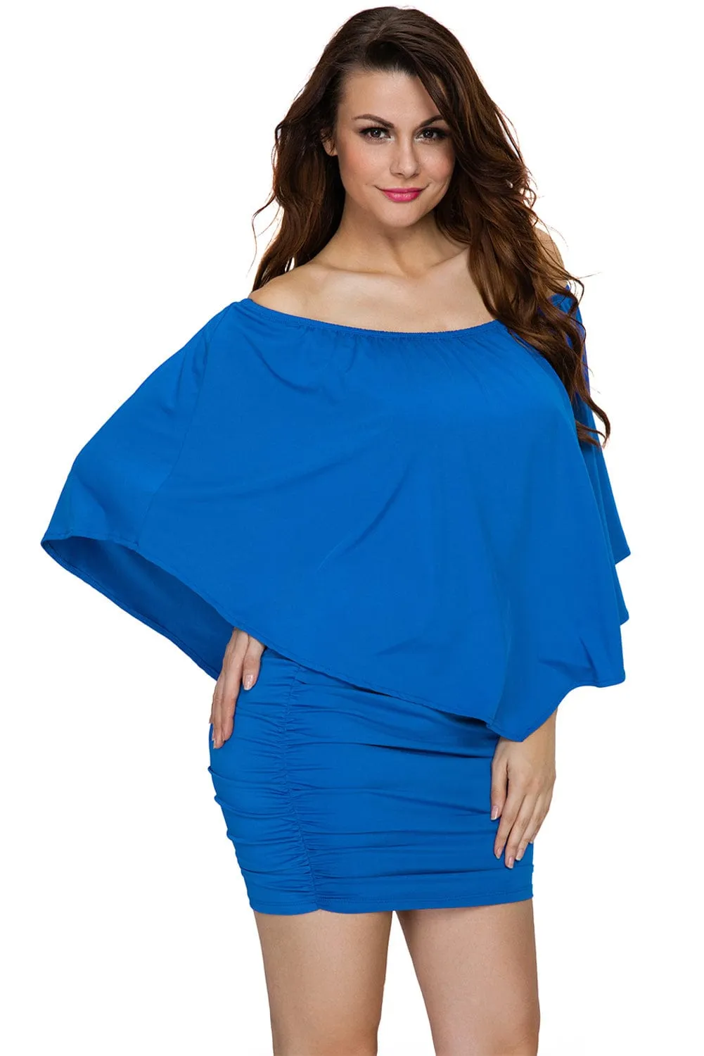 Blue Ruffle Layered Poncho Mini Dress with Versatile Neckline