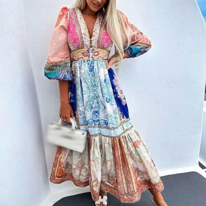 Bohemian V-neck Party Elegant Long Sleeve Stitch All Match Buttoned Loose Floral Summer Dress