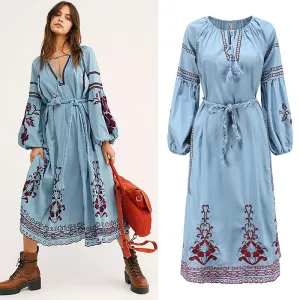 Boho Embroidered Tie-Neck Midi Dress