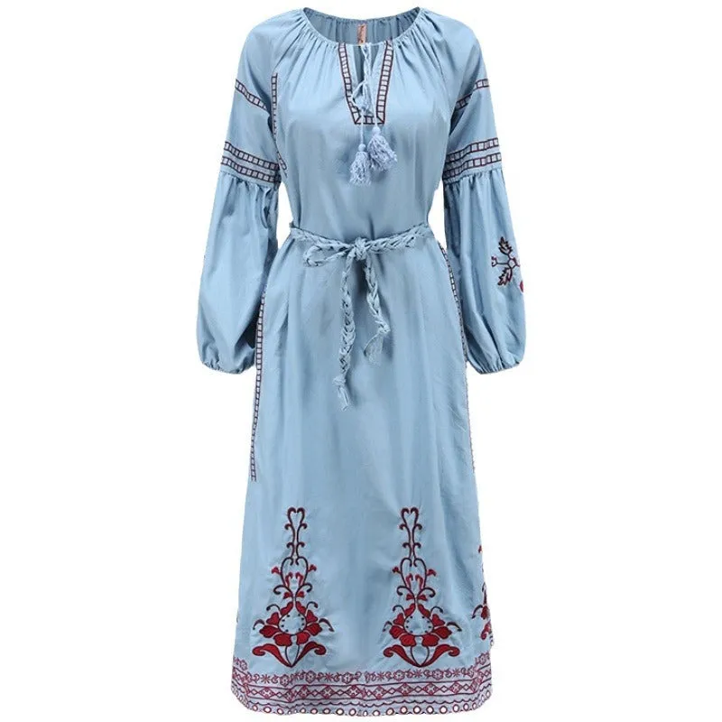 Boho Embroidered Tie-Neck Midi Dress