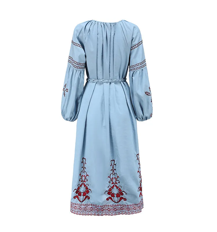 Boho Embroidered Tie-Neck Midi Dress