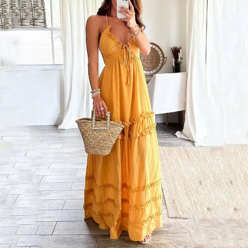 Boho Maxi Dress with Chest Wrap Backless Halter and Ruffles Trim