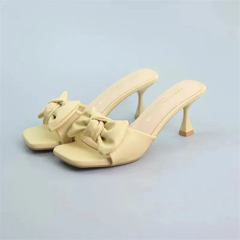 Bow Slippers Summer Open-Toed Slippers High-Heeled Sandals With Thin Heels Outdoor Mid-Heel Flip-Flops