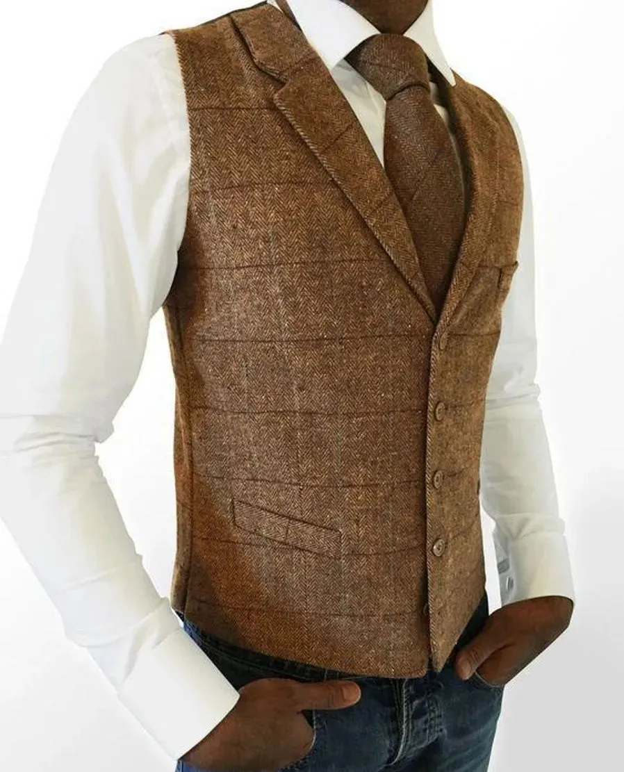 British Style Wool Plaid Groom Vests Attire For Wedding Party Slim Fit Men's Vests Custom Made Plus Size Prom Dinner Groomsmen Wear Suit