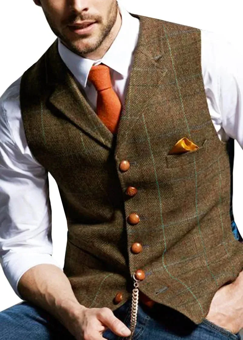 British Style Wool Plaid Groom Vests Attire For Wedding Party Slim Fit Men's Vests Custom Made Plus Size Prom Dinner Groomsmen Wear Suit