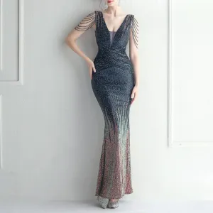 Casey Sequin Tassel Deep V Mermaid Dress