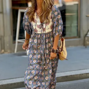 Casual Pleated Long New 2024 V-neck Short Sleeved Loose Elegant Floral Print Tie Up Party Mujer Floral Bohemian Dress